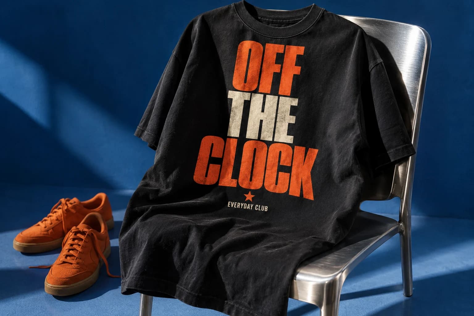 Black statement T-shirt with orange lettering against a cobalt studio backdrop
