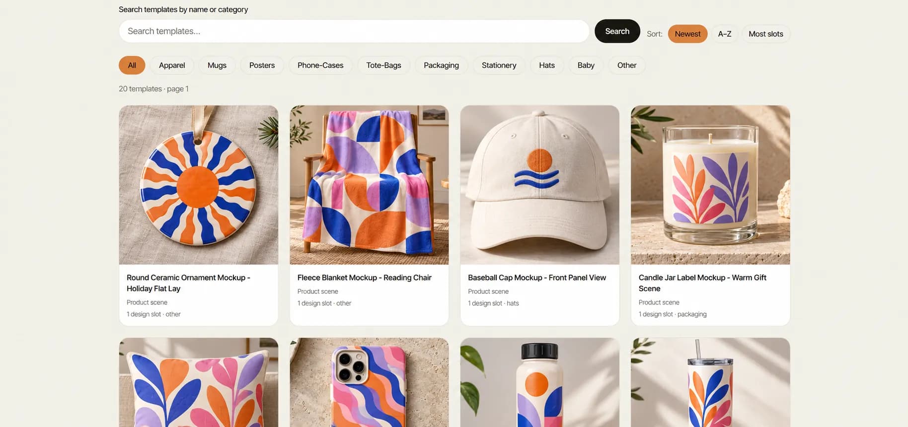 Template library screenshot enhanced with illustrative colorful artwork on an ornament, patterned blanket, embroidered cap, candle and accessories