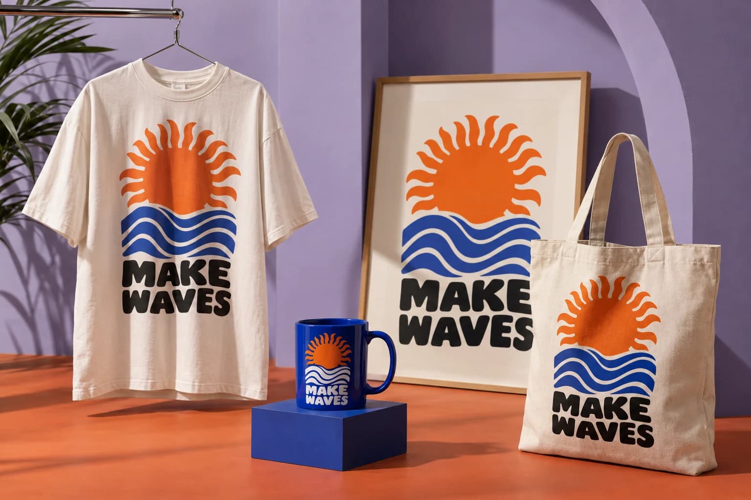 An ivory T-shirt, blue mug, framed poster and canvas tote with matching orange sun and blue wave artwork