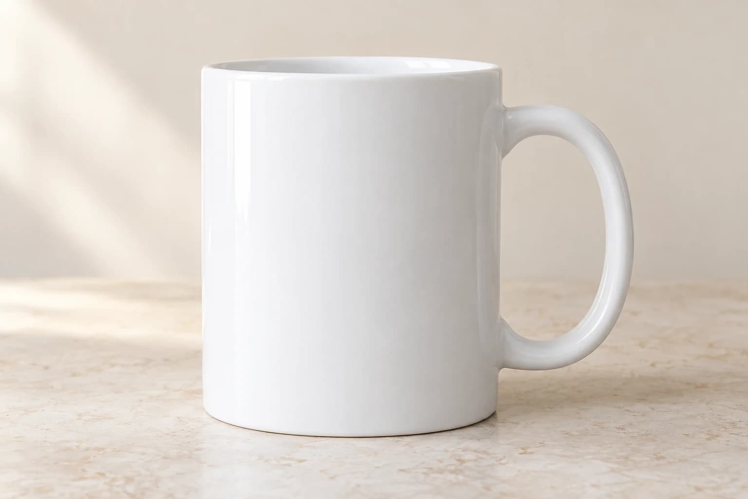 White Ceramic Mug, blank product shown in front view on a coffee counter.