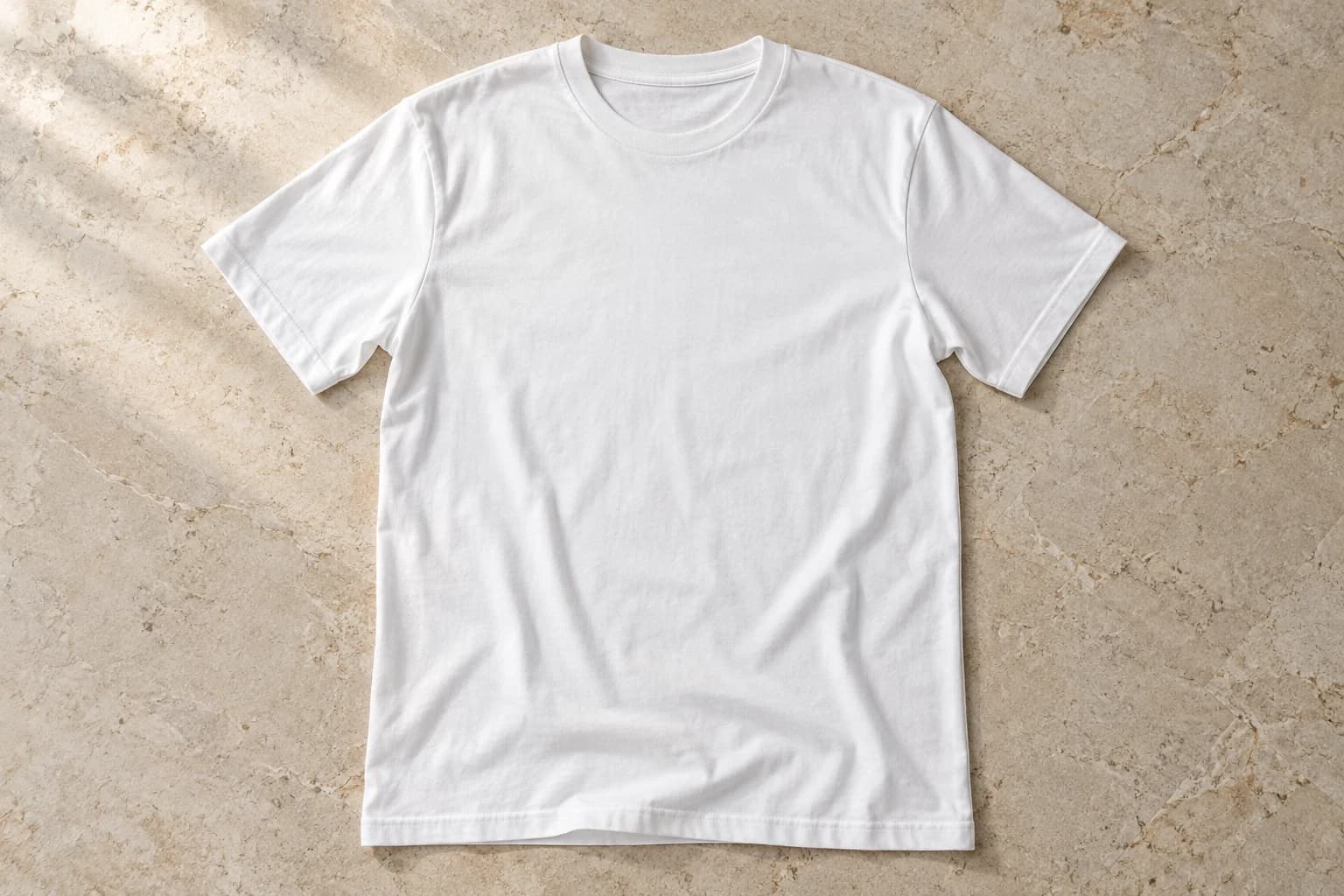 White Cotton T-Shirt, blank product shown in overhead flat lay.