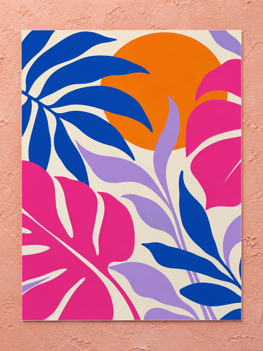 Colorful design on Portrait Poster | Coral Flat Lay Mockup, overhead on pale coral plaster, no props