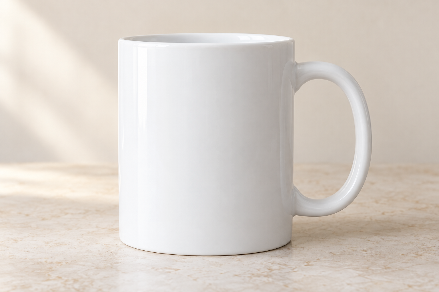 White Ceramic Mug, blank product shown in front view on a coffee counter.