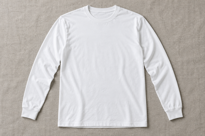 Long Sleeve Shirt, blank product shown in overhead front flat lay.