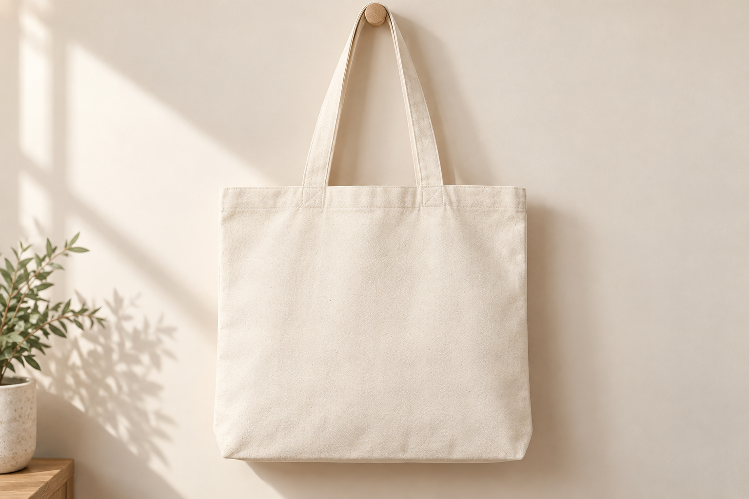 Canvas Tote Bag, blank product shown in front view in a sunlit studio.