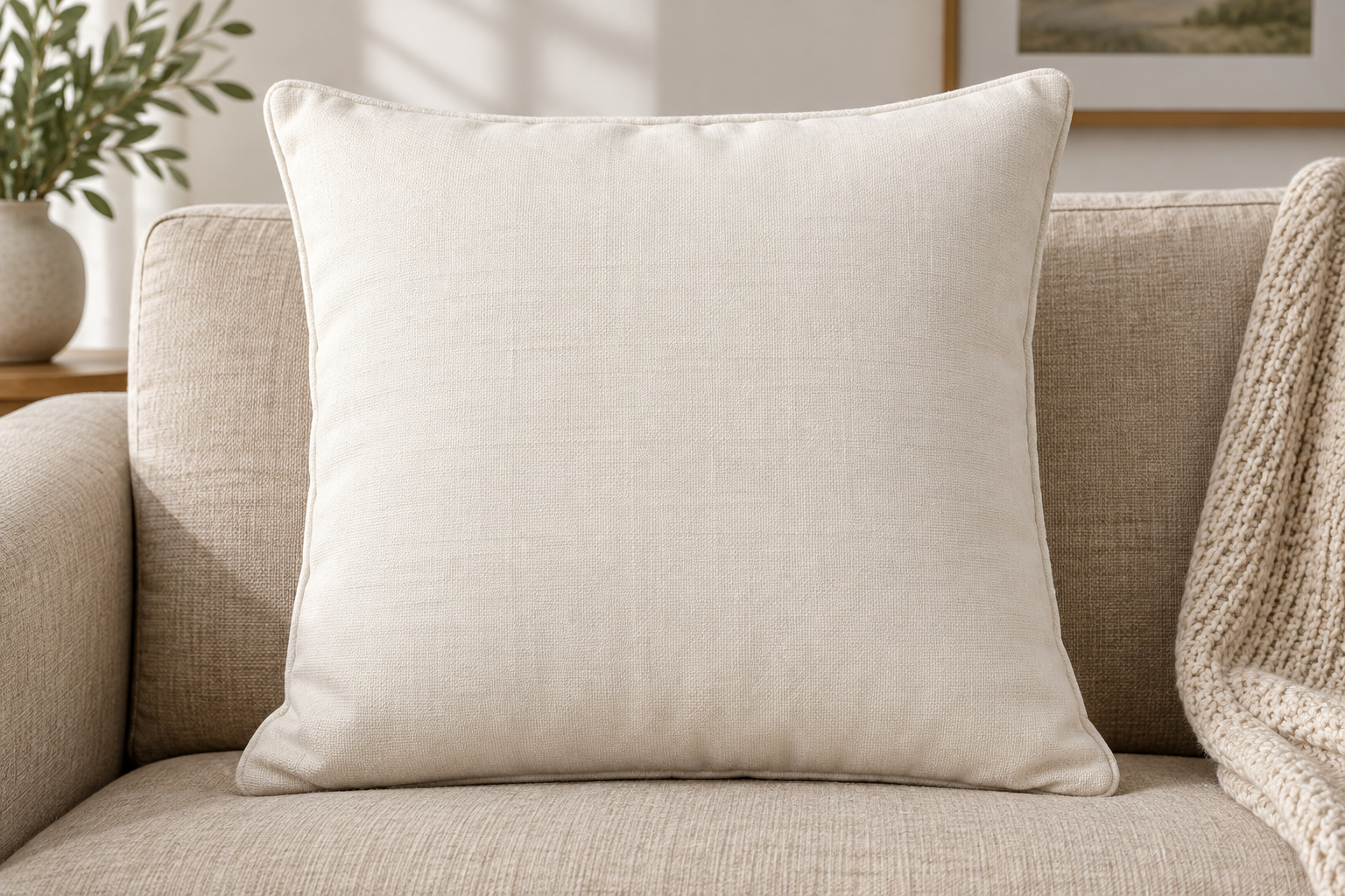 Throw Pillow, blank product shown in front-facing pillow on a sofa.