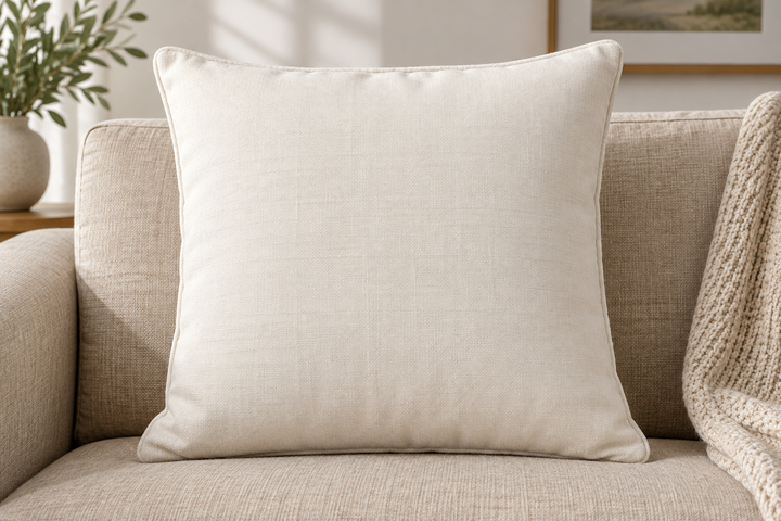 Throw Pillow, blank product shown in front-facing pillow on a sofa.
