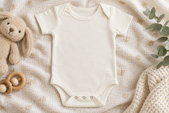 Baby Bodysuit, blank product shown in overhead nursery flat lay.