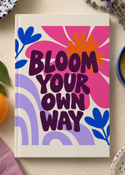 Colorful design on Hardcover Journal Mockup | Workspace Cover, overhead on warm cream workspace with a cobalt accent at the extreme margin