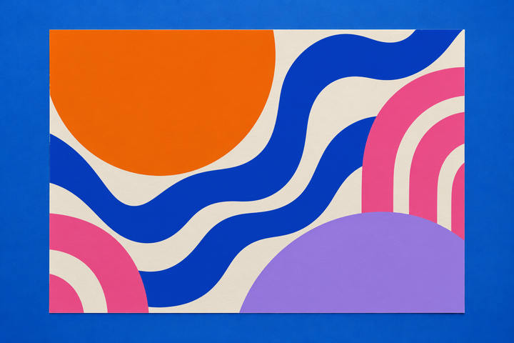 Colorful design on Landscape Poster | Cobalt Studio Mockup, overhead on a cobalt painted studio board, no props