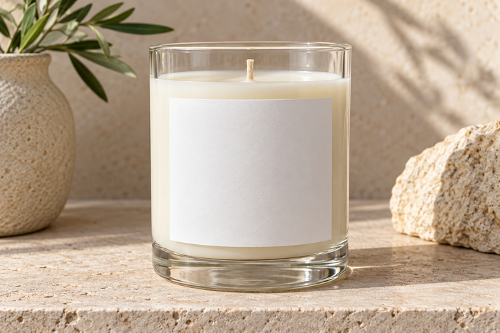 Candle Jar Label, blank product shown in front-facing glass candle jar.