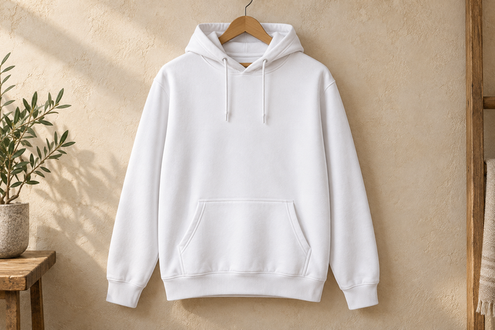 Pullover Hoodie, blank product shown in front-facing hanging hoodie.