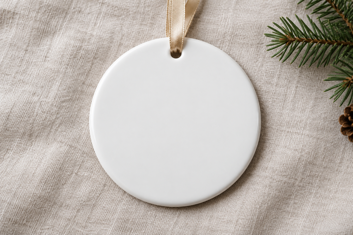 Round Ceramic Ornament, blank product shown in overhead ornament on linen.