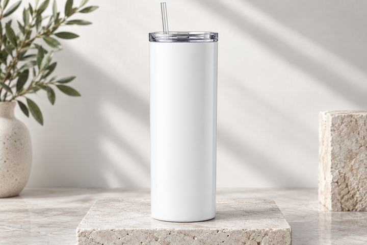 Skinny Tumbler, blank product shown in front-facing tumbler with straw.
