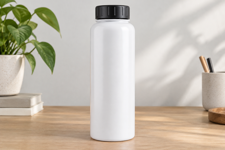 Water Bottle, blank product shown in front-facing bottle on a desk.