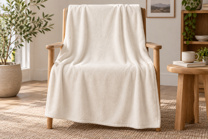 Fleece Blanket, blank product shown in blanket draped over a chair.