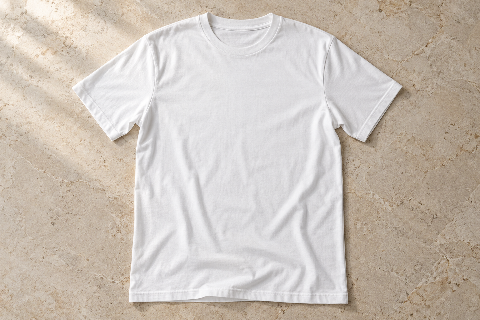 White Cotton T-Shirt, blank product shown in overhead flat lay.