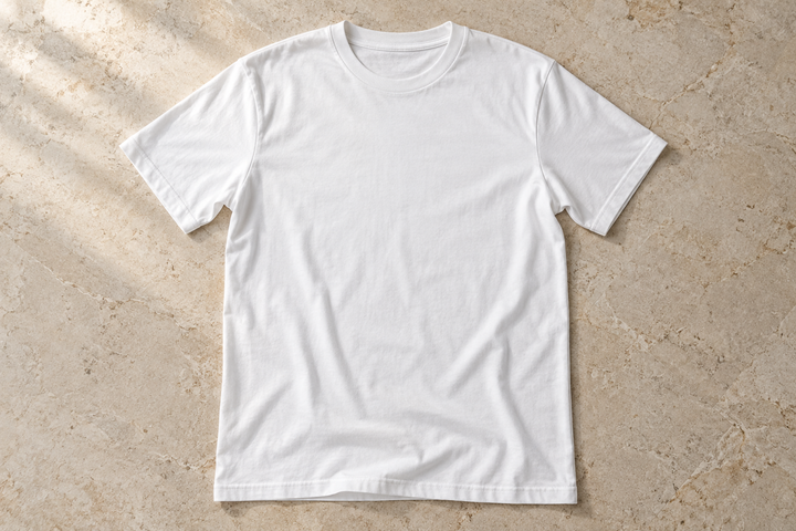 White Cotton T-Shirt, blank product shown in overhead flat lay.