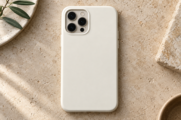 Phone Case, blank product shown in back view on a desk.