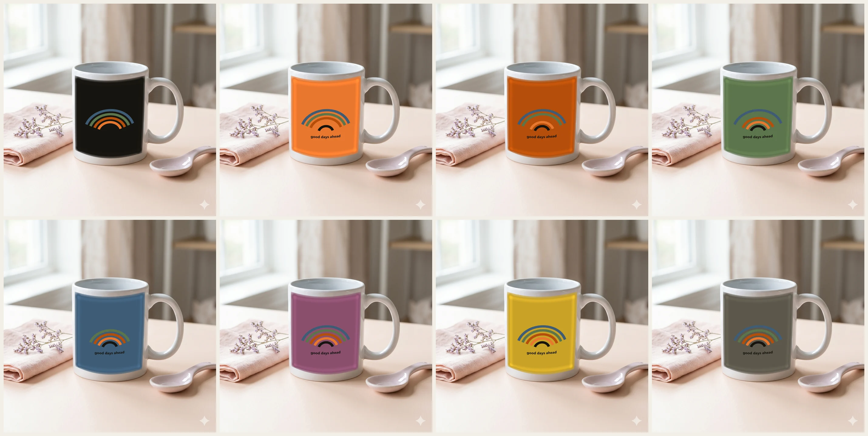 The same retro arcs design rendered on eight mug color variants by the engine