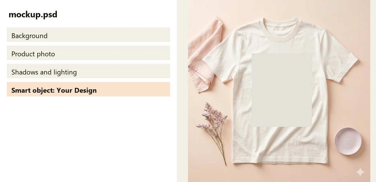 A Photoshop layer panel with a smart object next to the finished t-shirt template it becomes