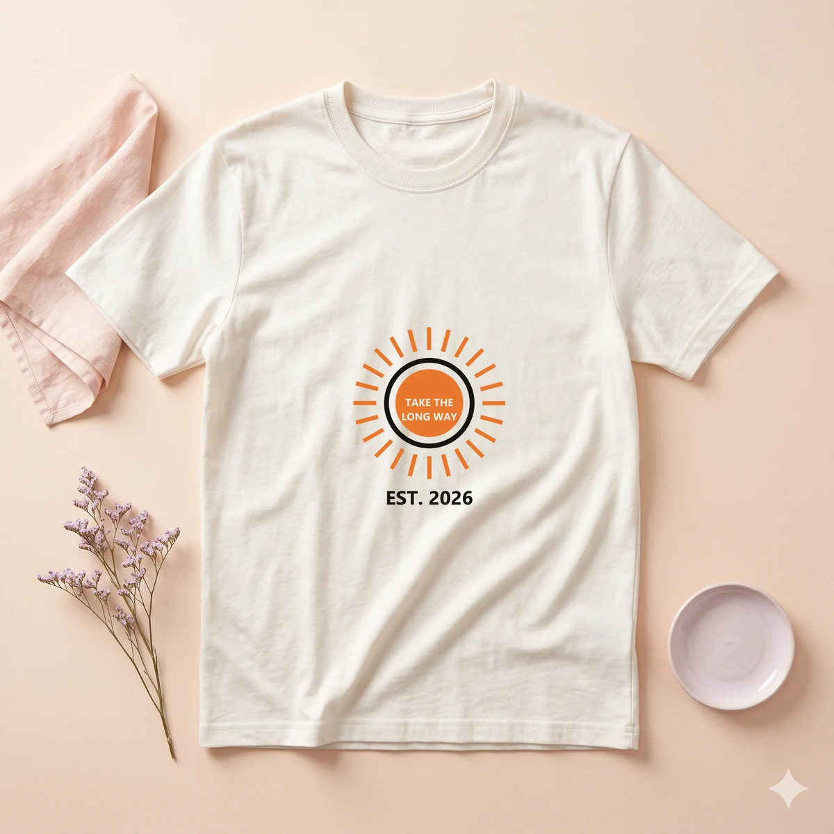 White t-shirt mockup rendered from a PSD template with a sunburst badge chest print