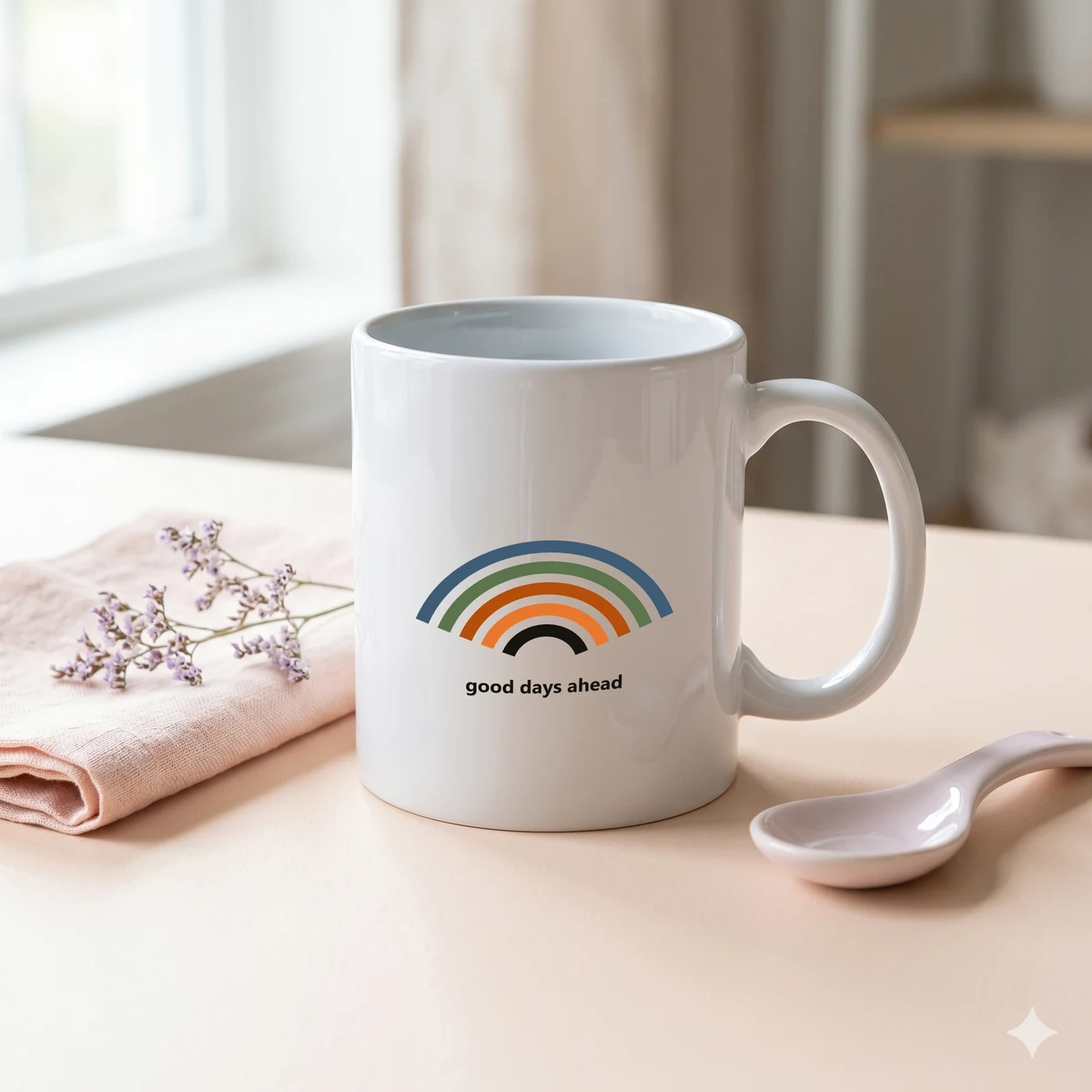 Ceramic mug mockup rendered from a PSD template with a retro arcs design