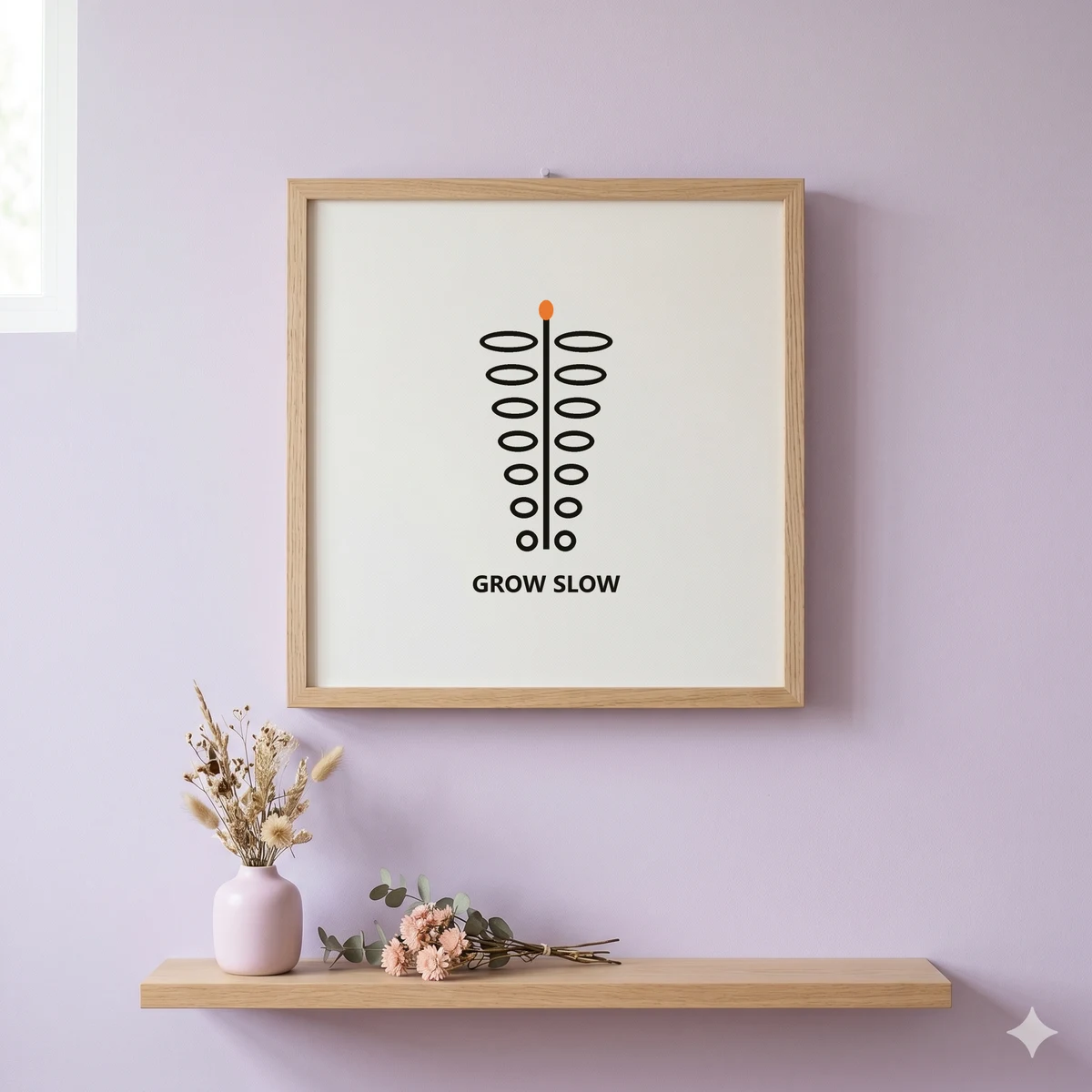 Framed poster mockup rendered from a PSD template with botanical line art