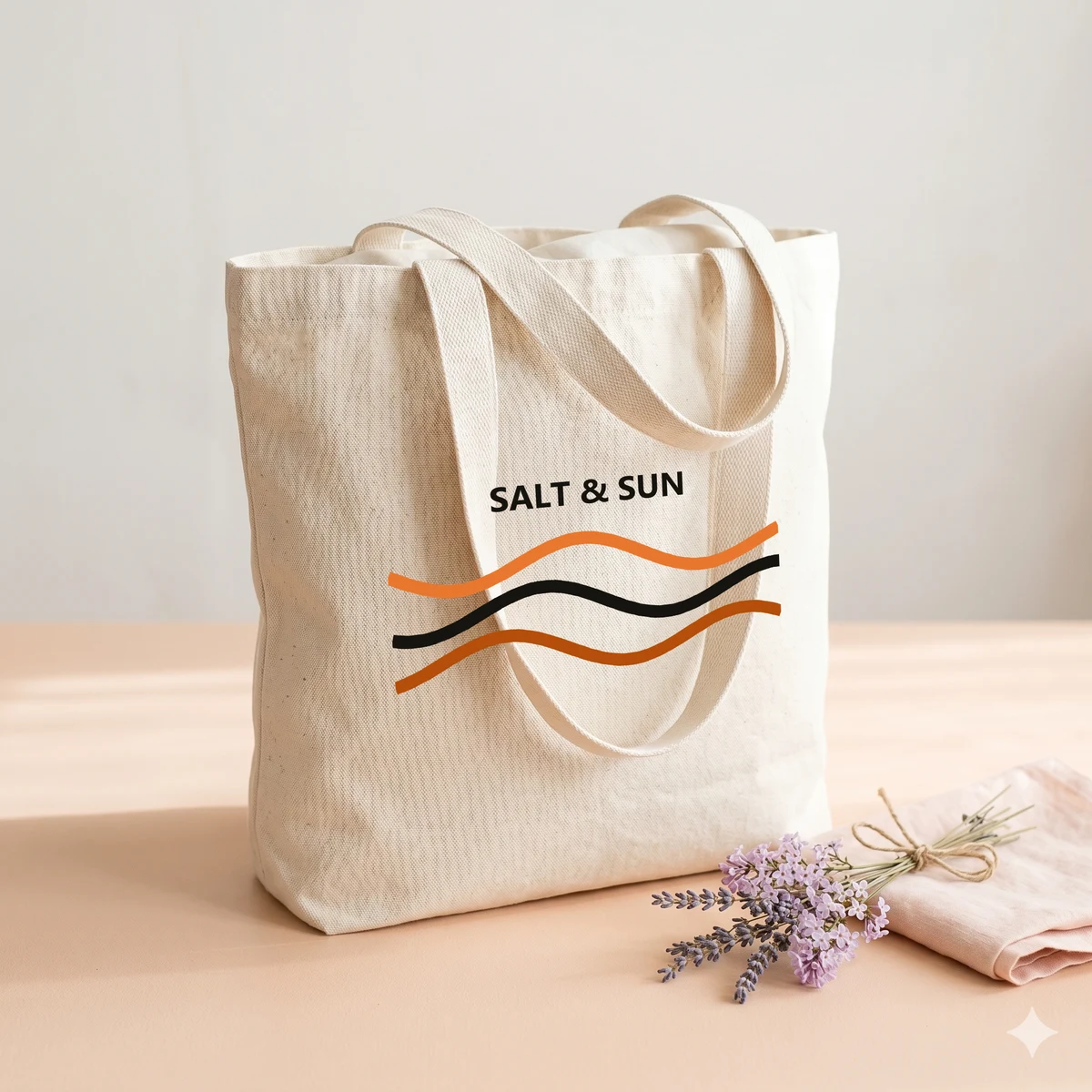 Canvas tote bag mockup rendered from a PSD template with a wave stripes design