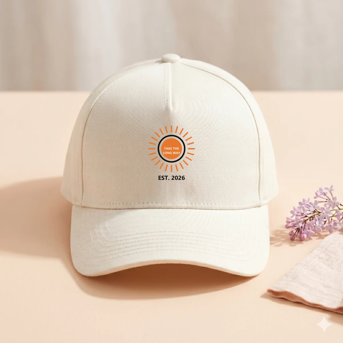 Baseball cap mockup rendered from a PSD template with a sunburst badge embroidery area