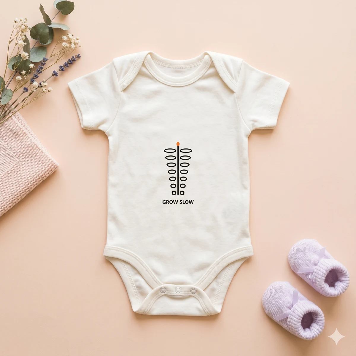 Baby onesie mockup rendered from a PSD template with botanical line art